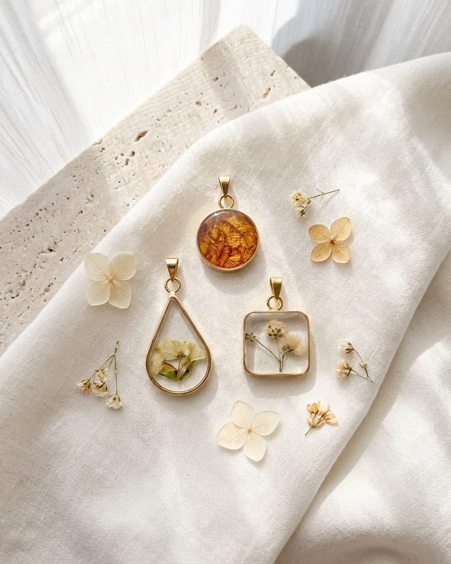 Mão segurando um pingente de resina em formato de gota contra um jardim desfocado