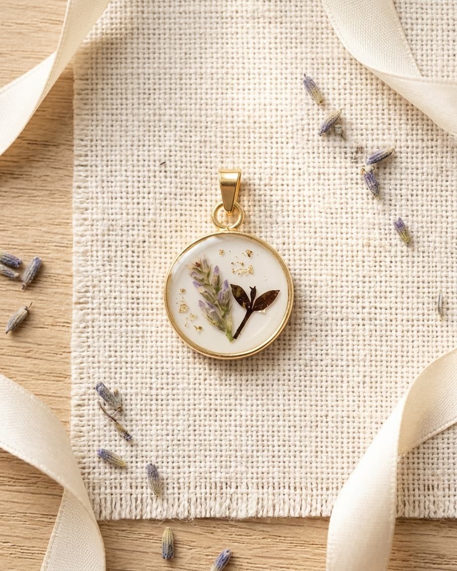 Pingente redondo de resina com lavanda e folhas prensadas em moldura dourada sobre tecido de linho natural